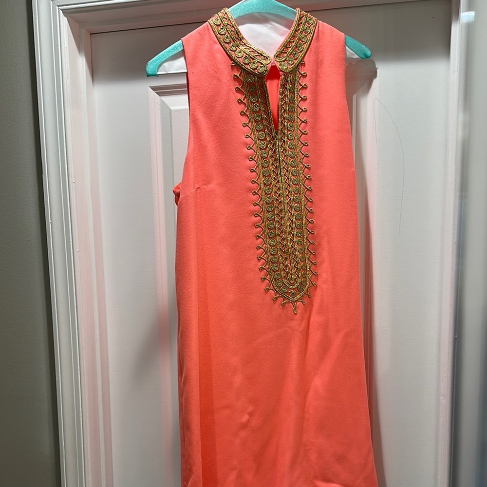 Lilly Pulitzer Coral and Gold Embroidered Midi Dress